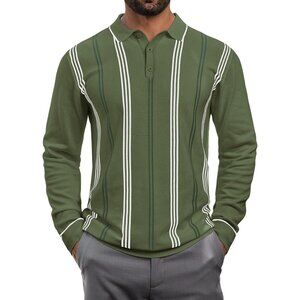 Men's Knit Polo Sweater Long Sleeve Striped Thermal Button Collar Sweater Green